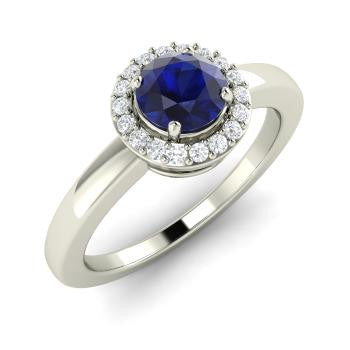 Round Sapphire Ring in 14k White Gold with Diamond